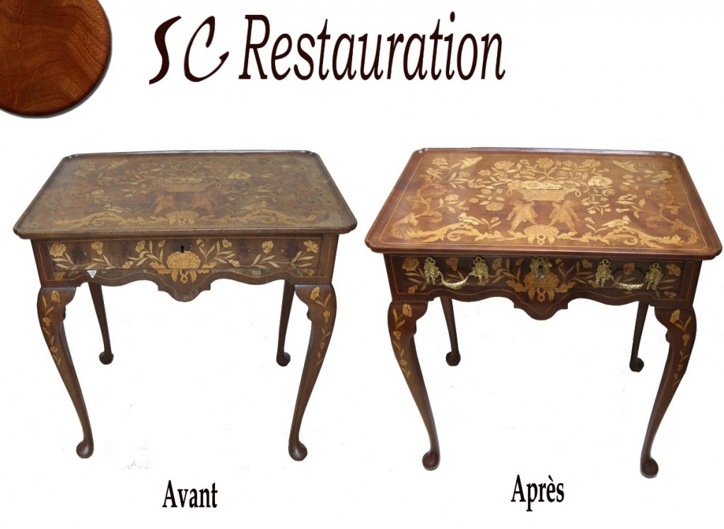 Restauration d'une table en marqueterie de fleur